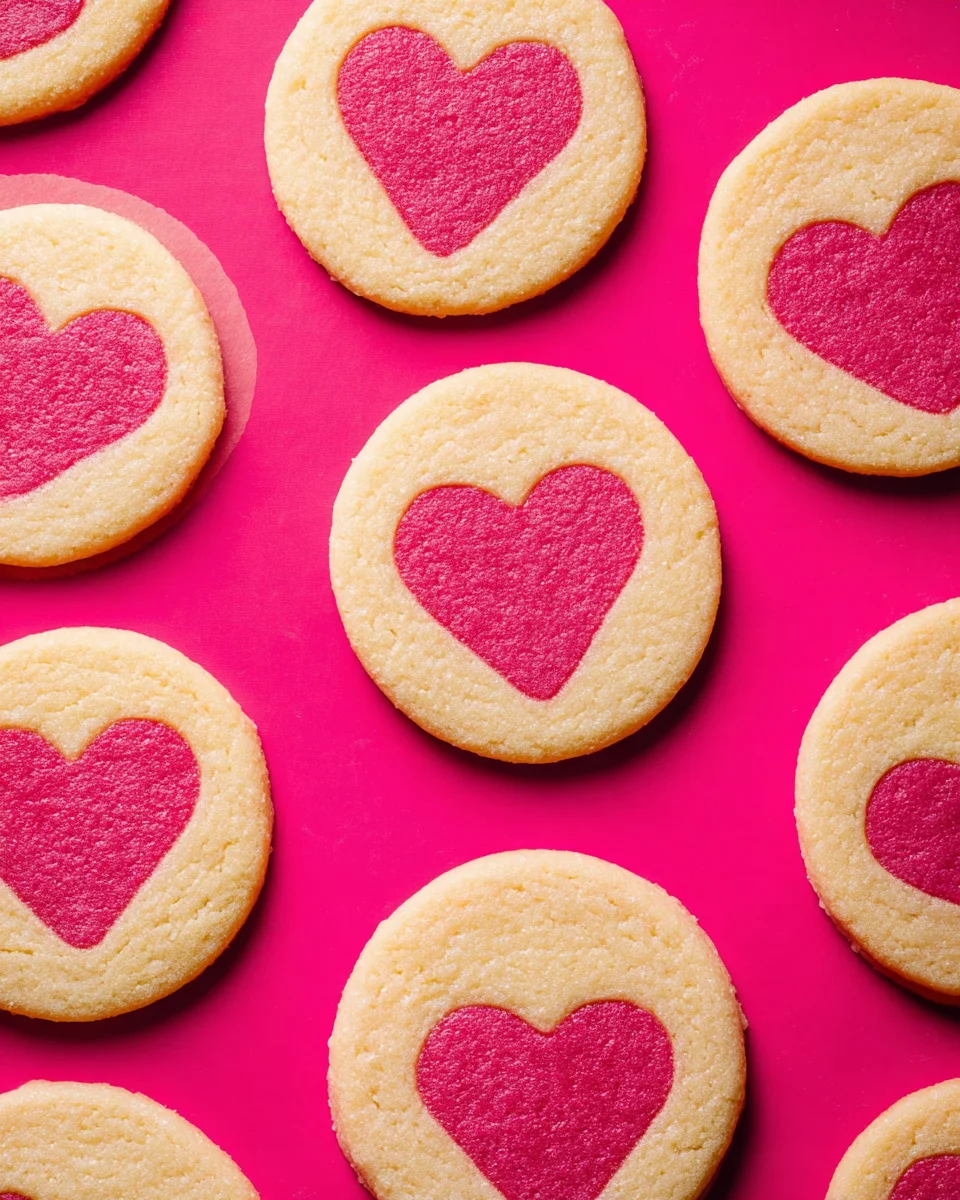 Heart-shaped sugar cookies with pink icing on a bright pink background.
