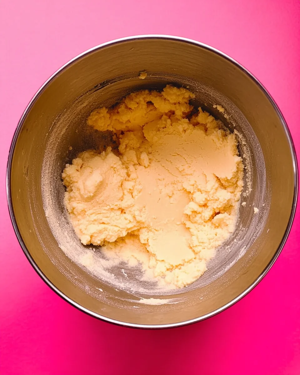 Cremeangeschlagene Butter in Standmixer auf pinkem Hintergrund.