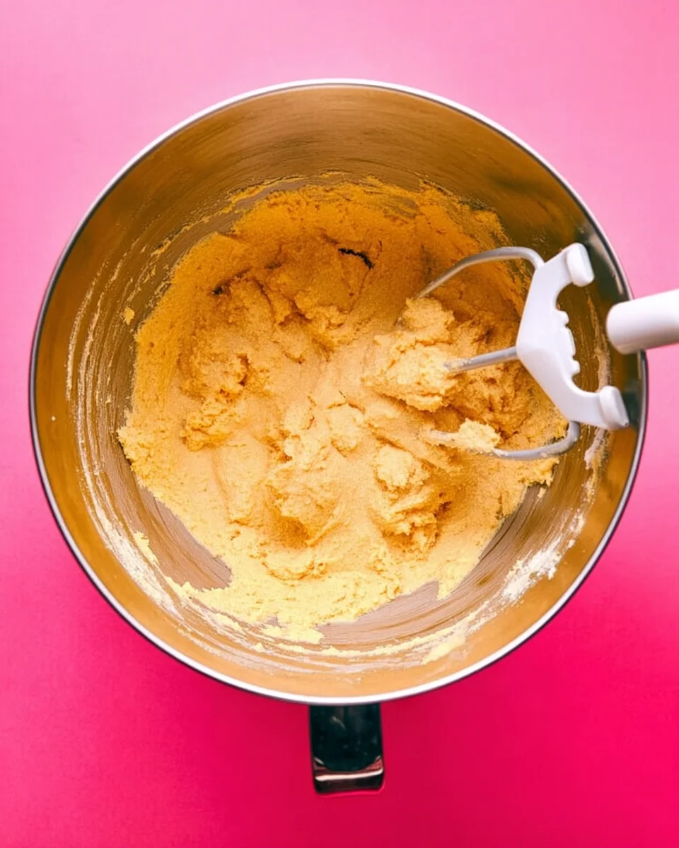 Creamy homemade mashed potatoes in a stainless steel mixer bowl on a pink background.