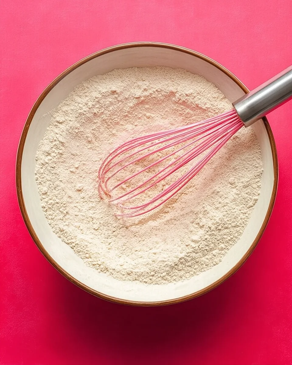 Flour in a white bowl with a pink whisk on a pink background.