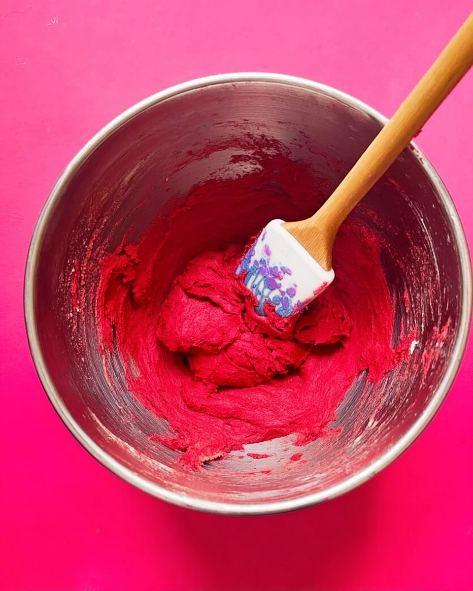 Red cake batter in mixing bowl with spatula, pink background.