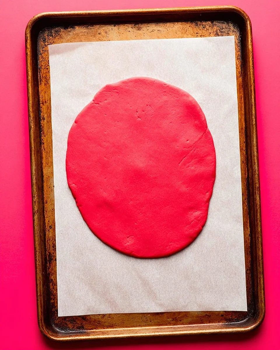 Soft pink fondant on baking sheet for cake decorating.
