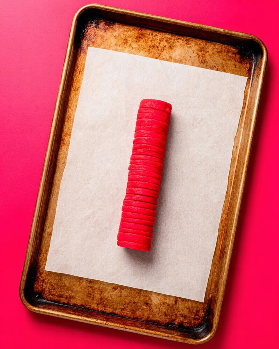 Sliced watermelon on baking sheet with parchment paper, pink background.