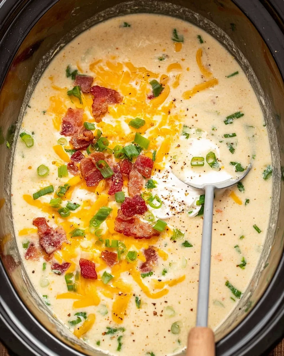 Hearty potato soup in a black slow cooker topped with cheese, green onion, bacon and black pepper with a ladle. 