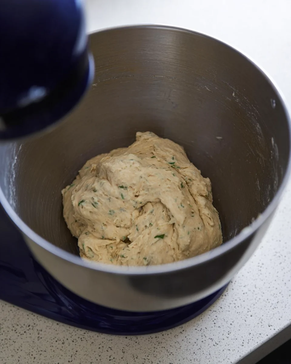 Sourdough-Discard-Garlic-Pull-Apart-Bread-Mixed.jpg Shaggy dough in the bowl of a stand mixer.