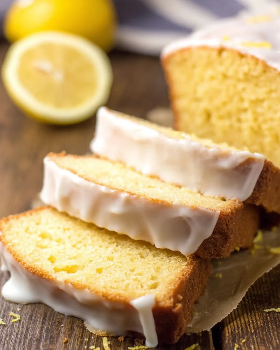A freshly cut Starbucks lemon loaf with sweet lemon icing. 