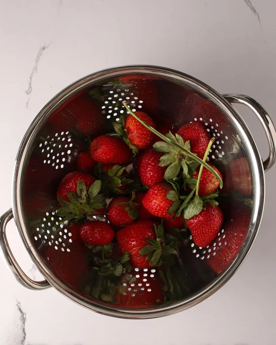 Strawberries being washed in a diluted vinegar wash. 