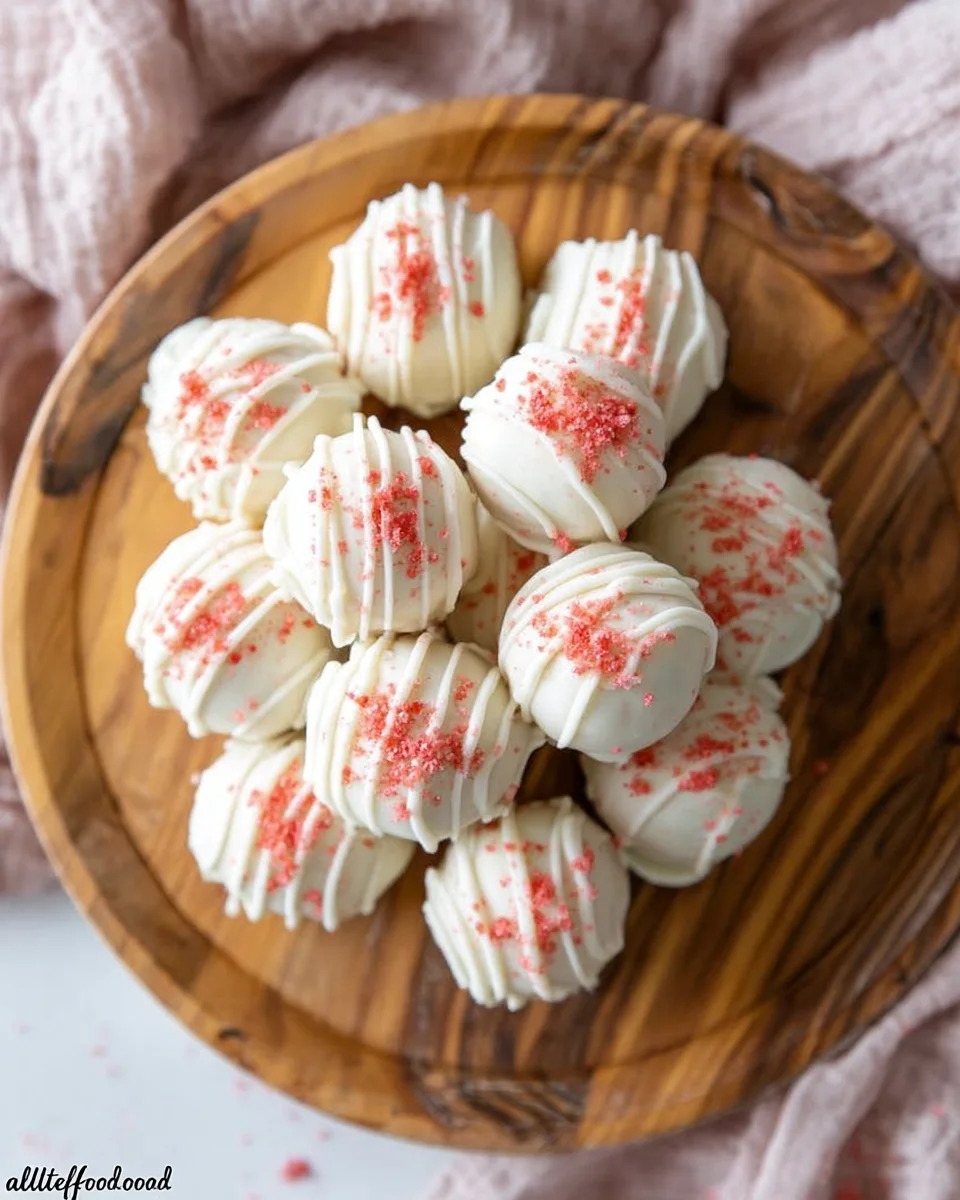 white chocolate covered strawberry cheesecake truffles stacked on wood plate.