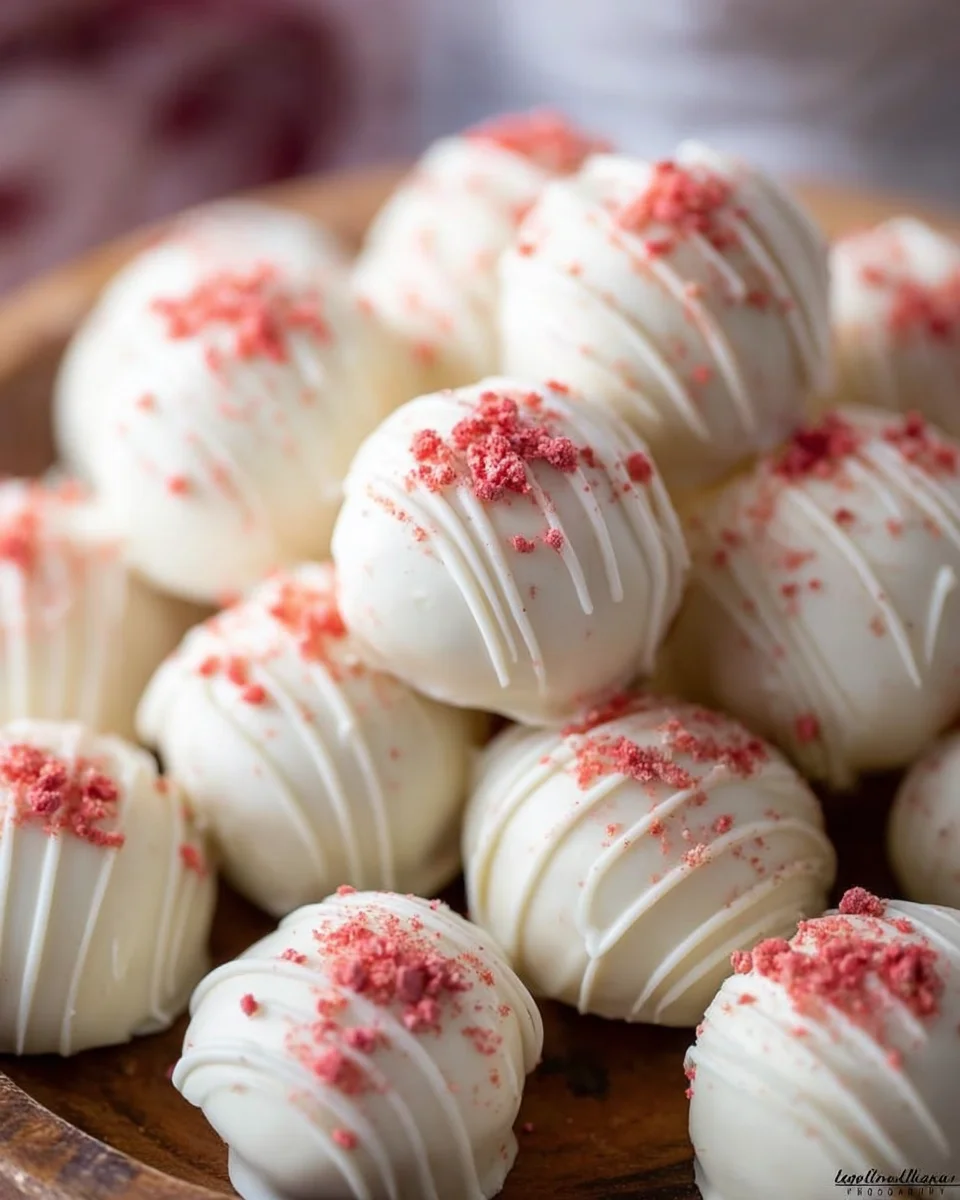 White Chocolate Strawberry Cheesecake Truffles sitting on a wood plate.