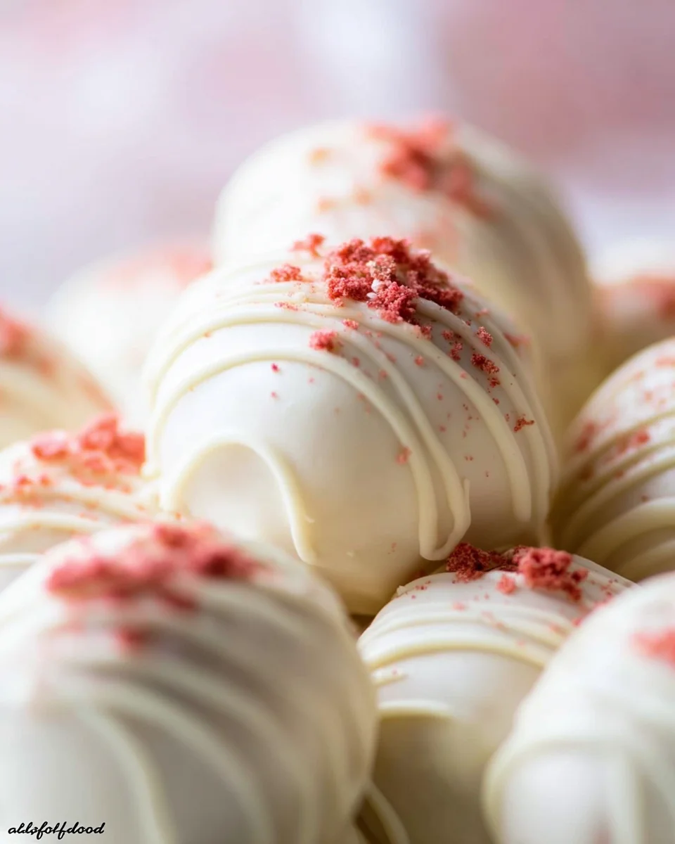 Strawberry Cheesecake Truffles with white chocolate and freeze dried strawberries stacked on top of each other.