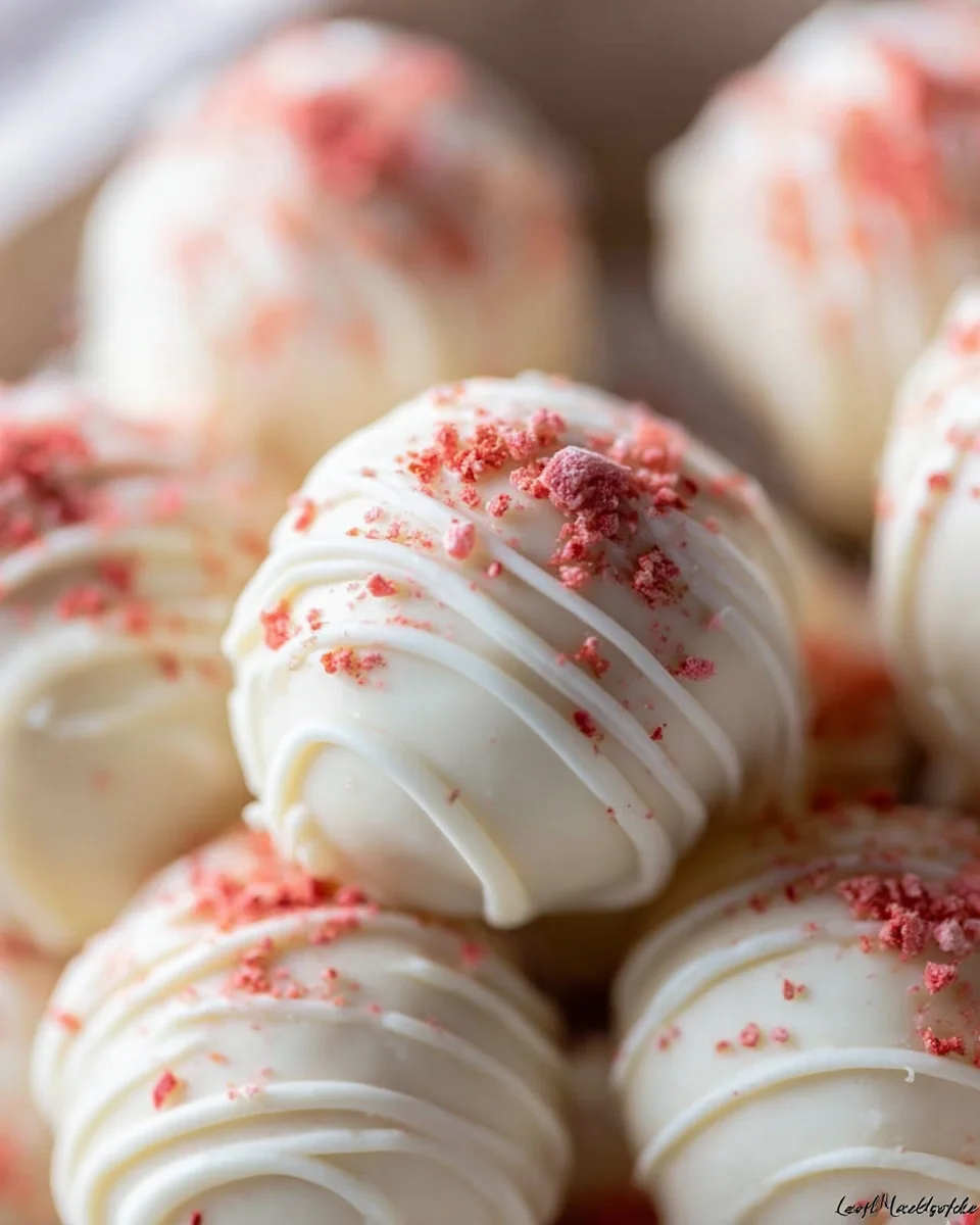 white chocolate drizzled strawberry cheesecake truffles.
