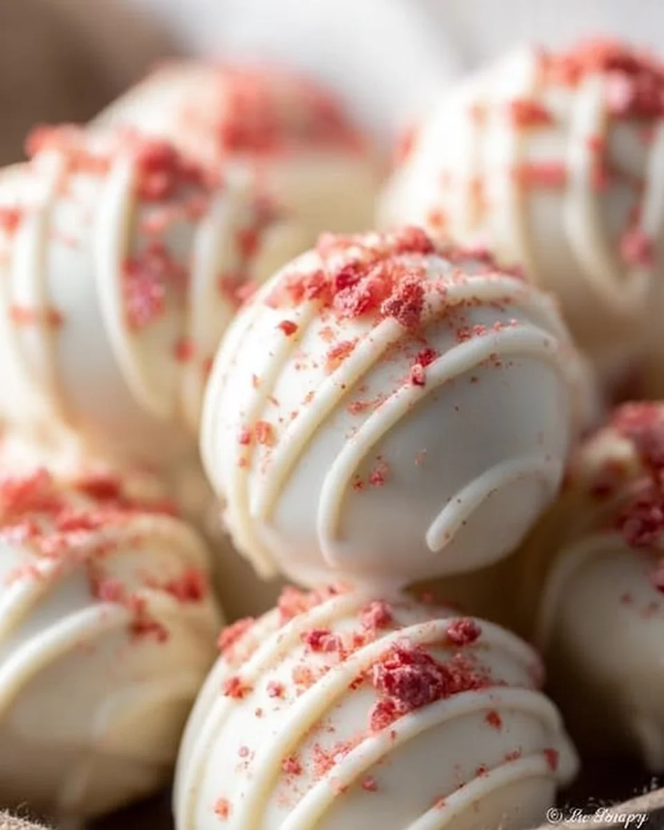 white chocolate drizzled strawberry cheesecake truffles.