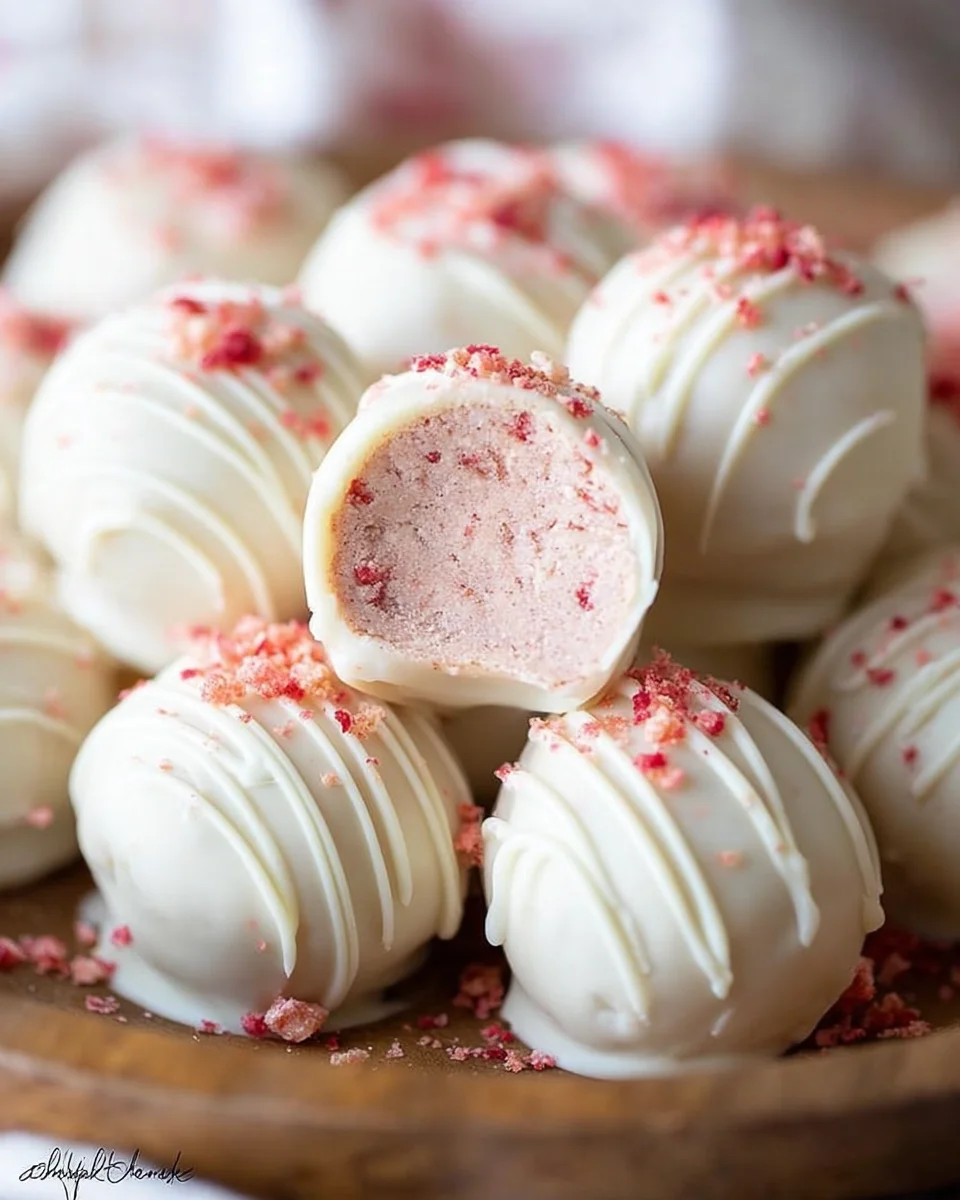 Strawberry Cheesecake Truffle cut int half.