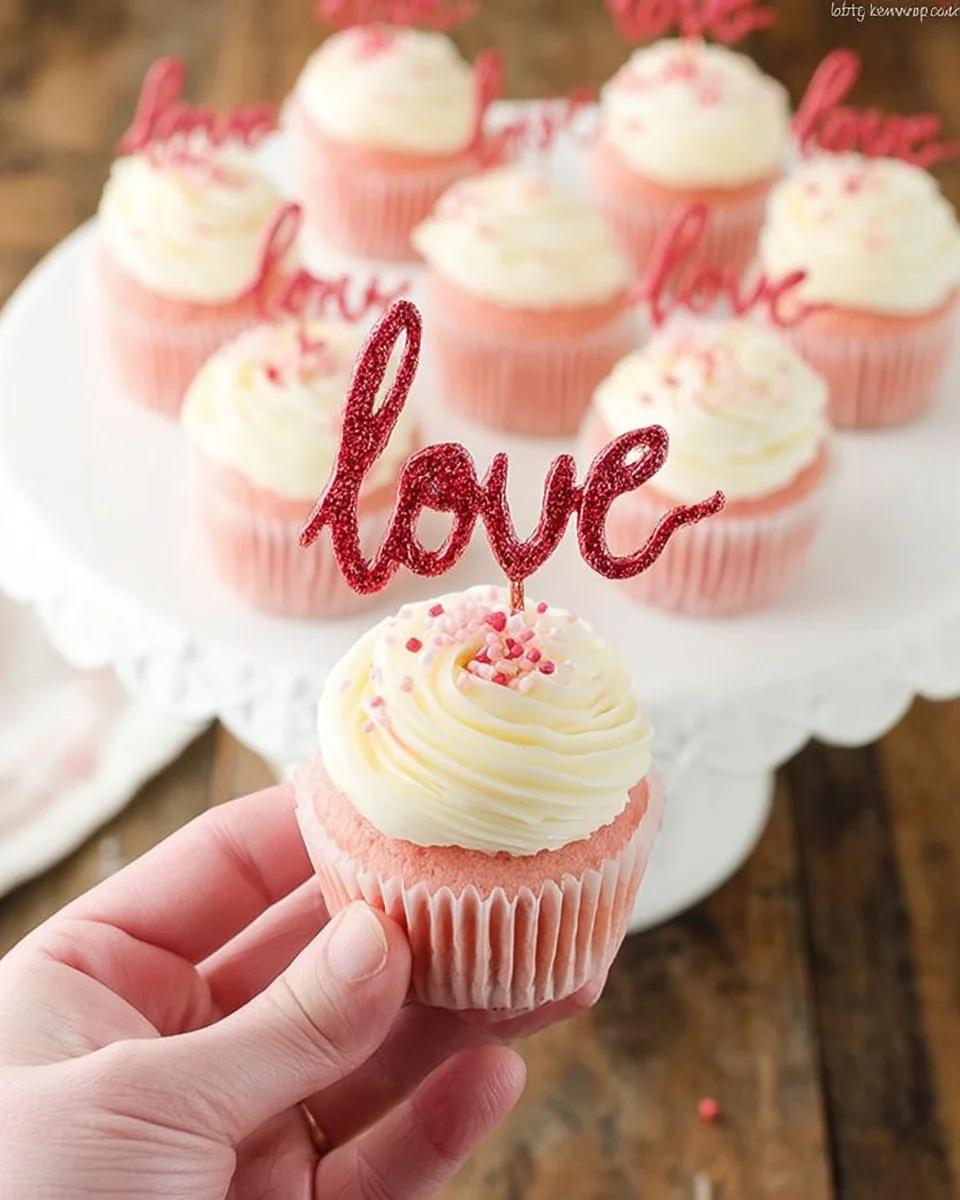 Strawberry Cupcakes with Cream Cheese Frosting - the love toppers make them the perfect treat for Valentine's Day!