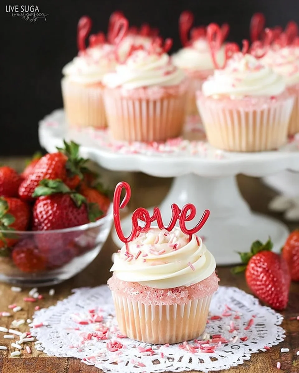 Strawberry Cupcakes with Cream Cheese Frosting - the love toppers make them the perfect treat for Valentine's Day!