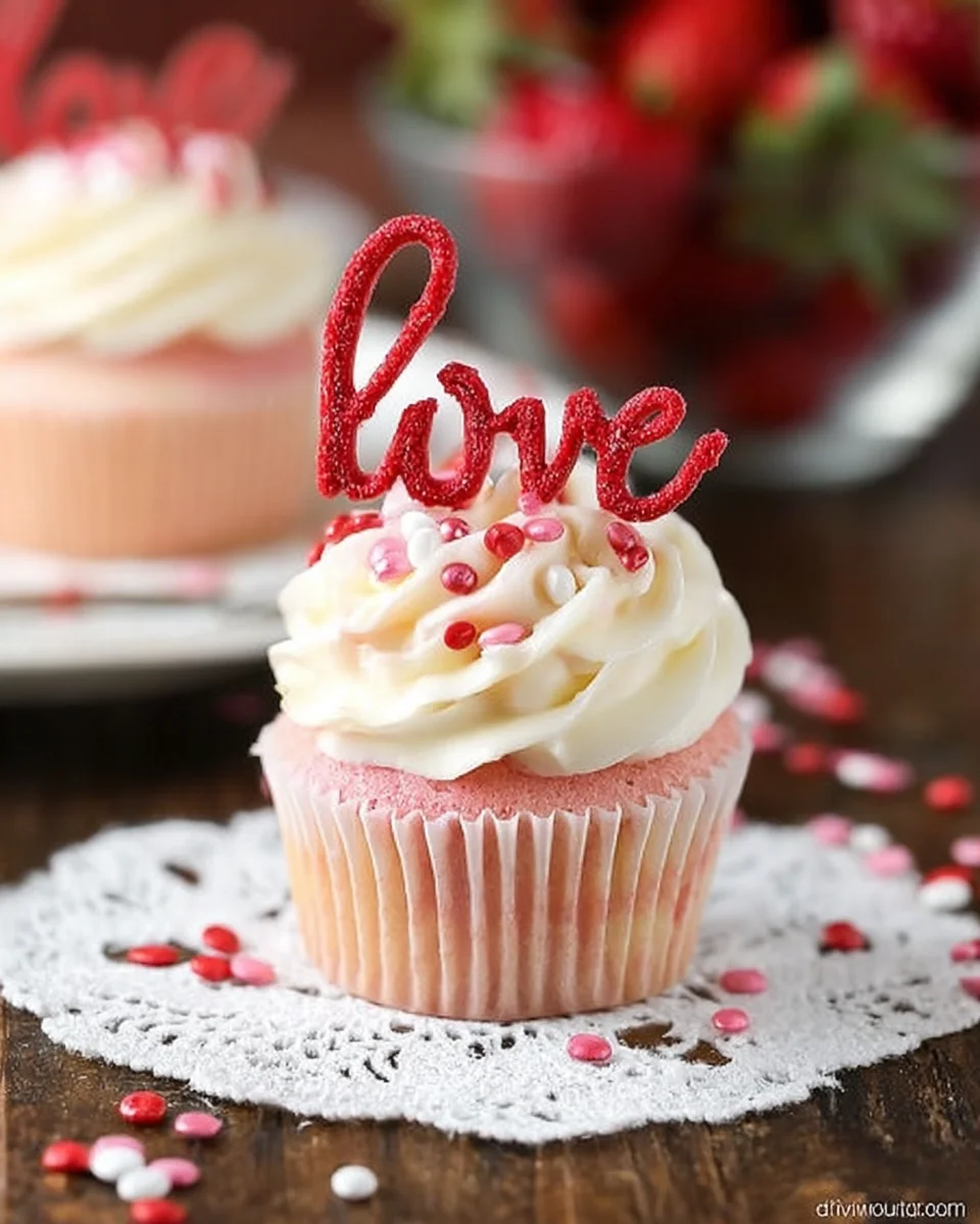 Strawberry Cupcakes with Cream Cheese Frosting - the love toppers make them the perfect treat for Valentine's Day!