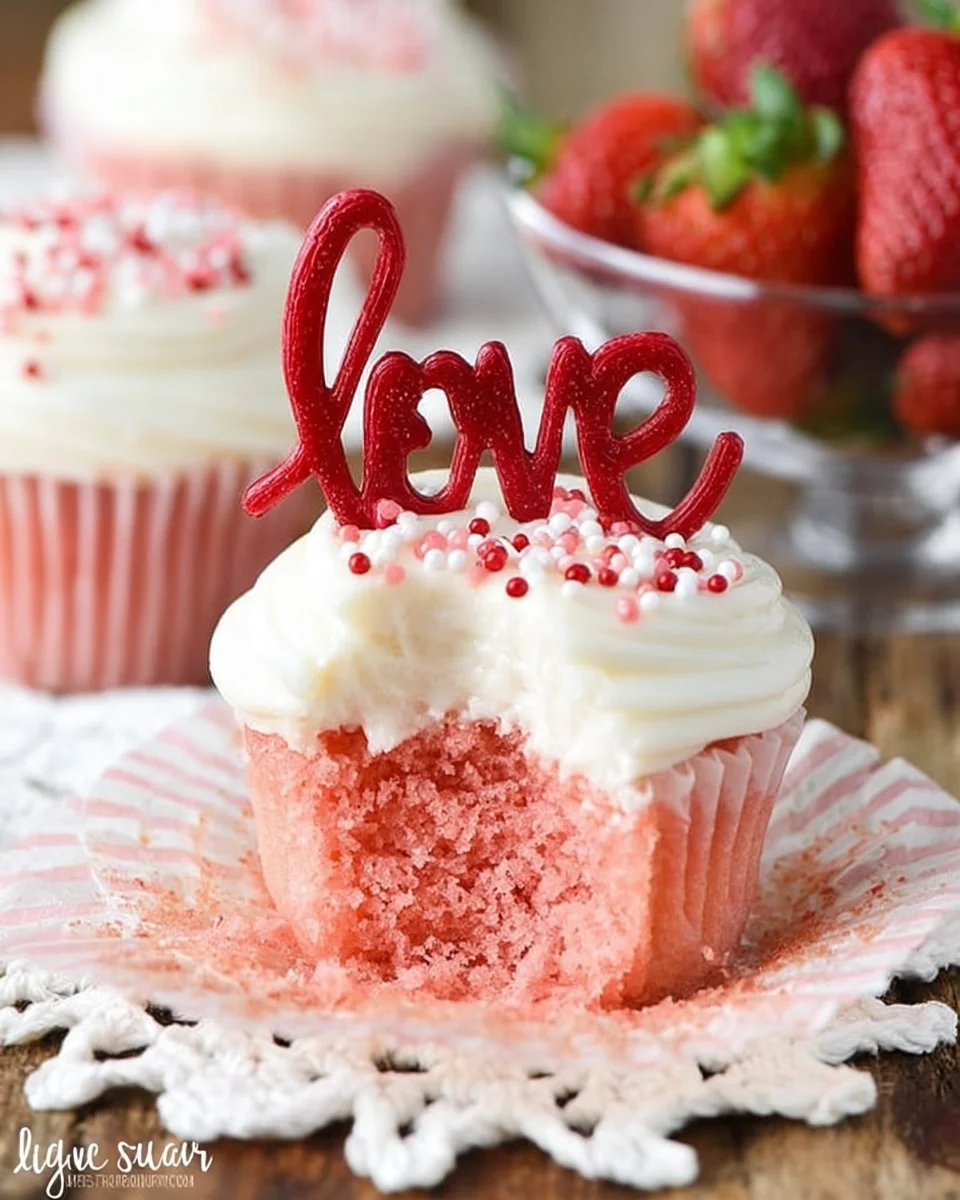 Strawberry Cupcakes with Cream Cheese Frosting - the love toppers make them the perfect treat for Valentine's Day!