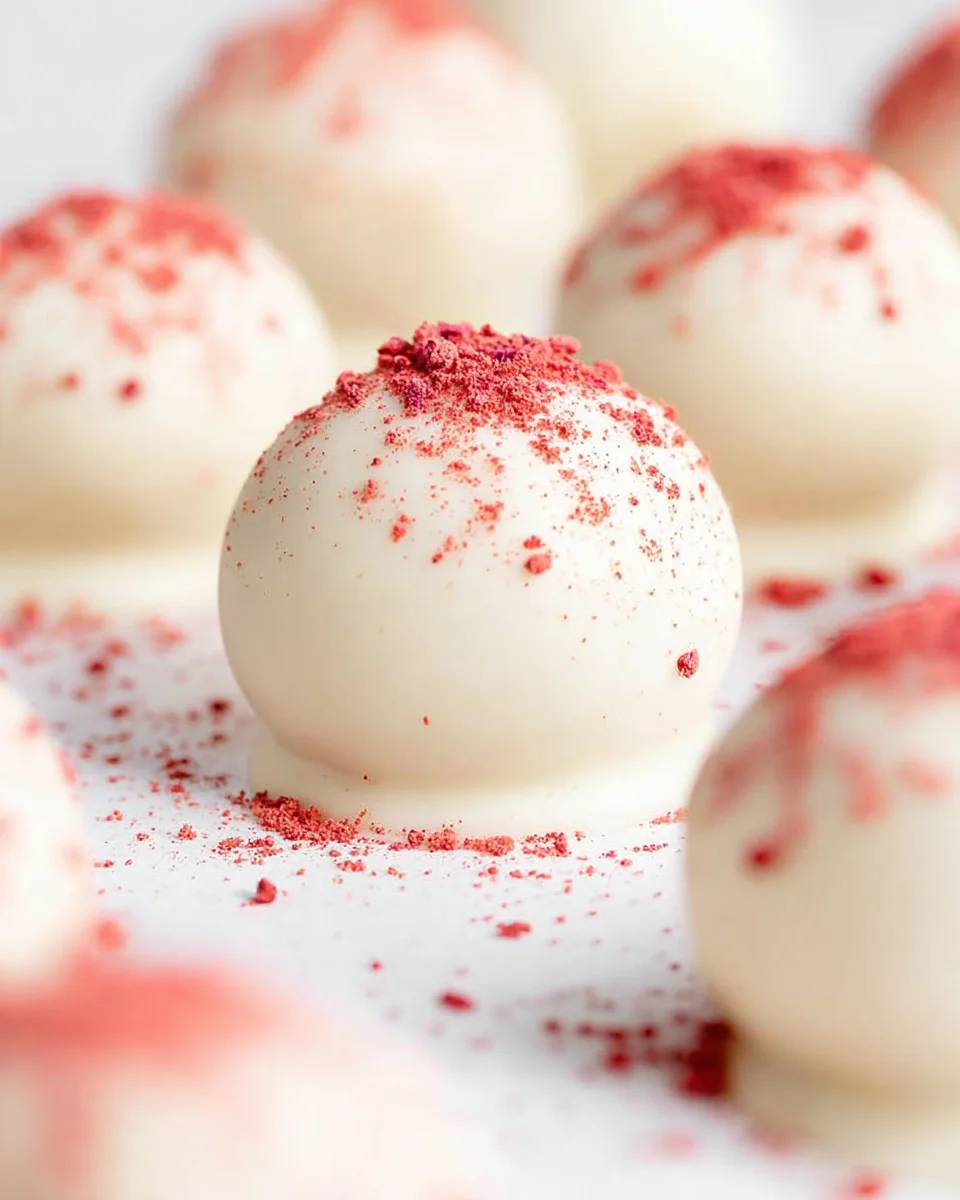 Dipped truffles sprinkled with strawberry powder on a lined baking tray.