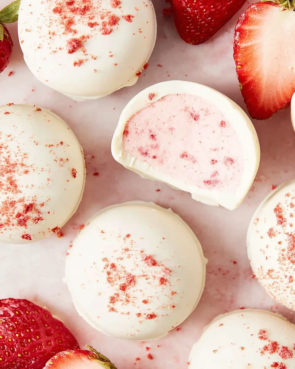 Truffle sliced in half on a pink marble surface seen from above.