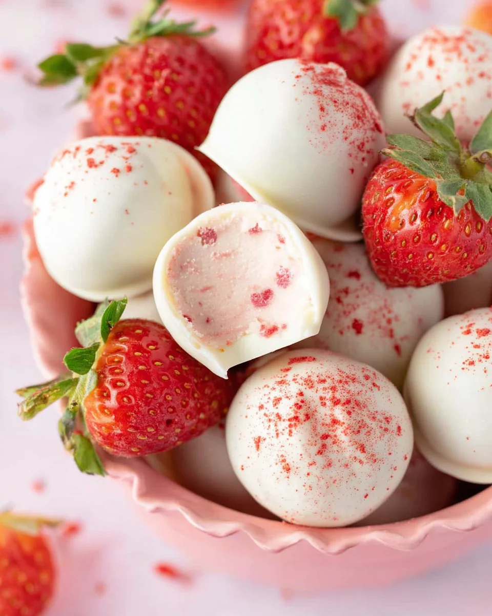 Stack of truffles with fresh strawberries in a small pink bowl.