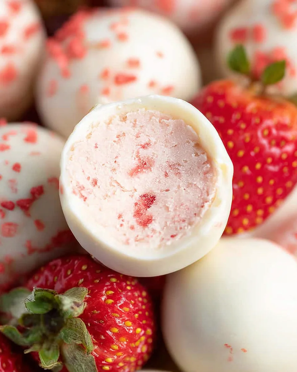 Half a truffle seen from above sitting on strawberries and other truffles.