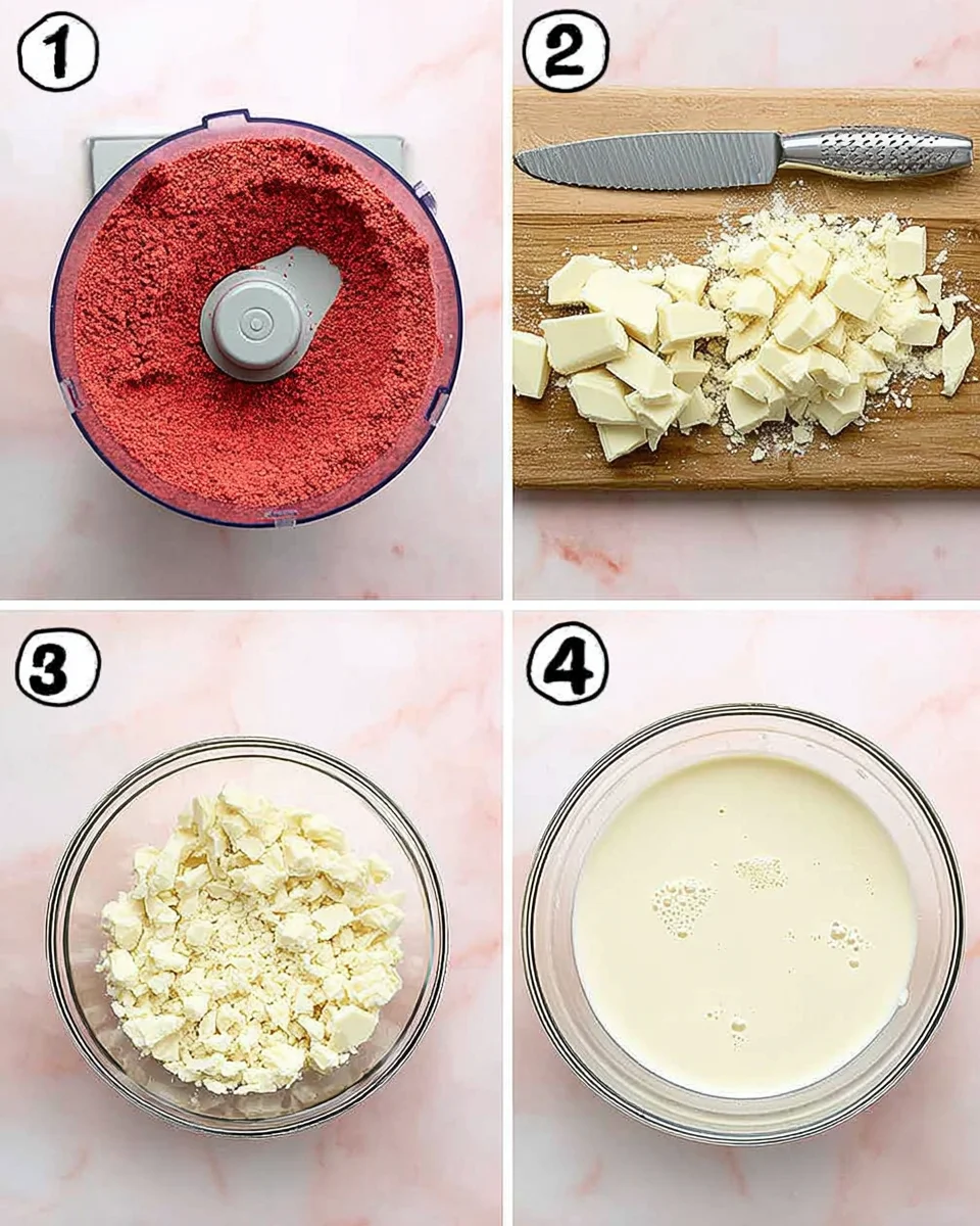 Process Shot Collage: blending the strawberries, melting the chocolate and adding the cream.