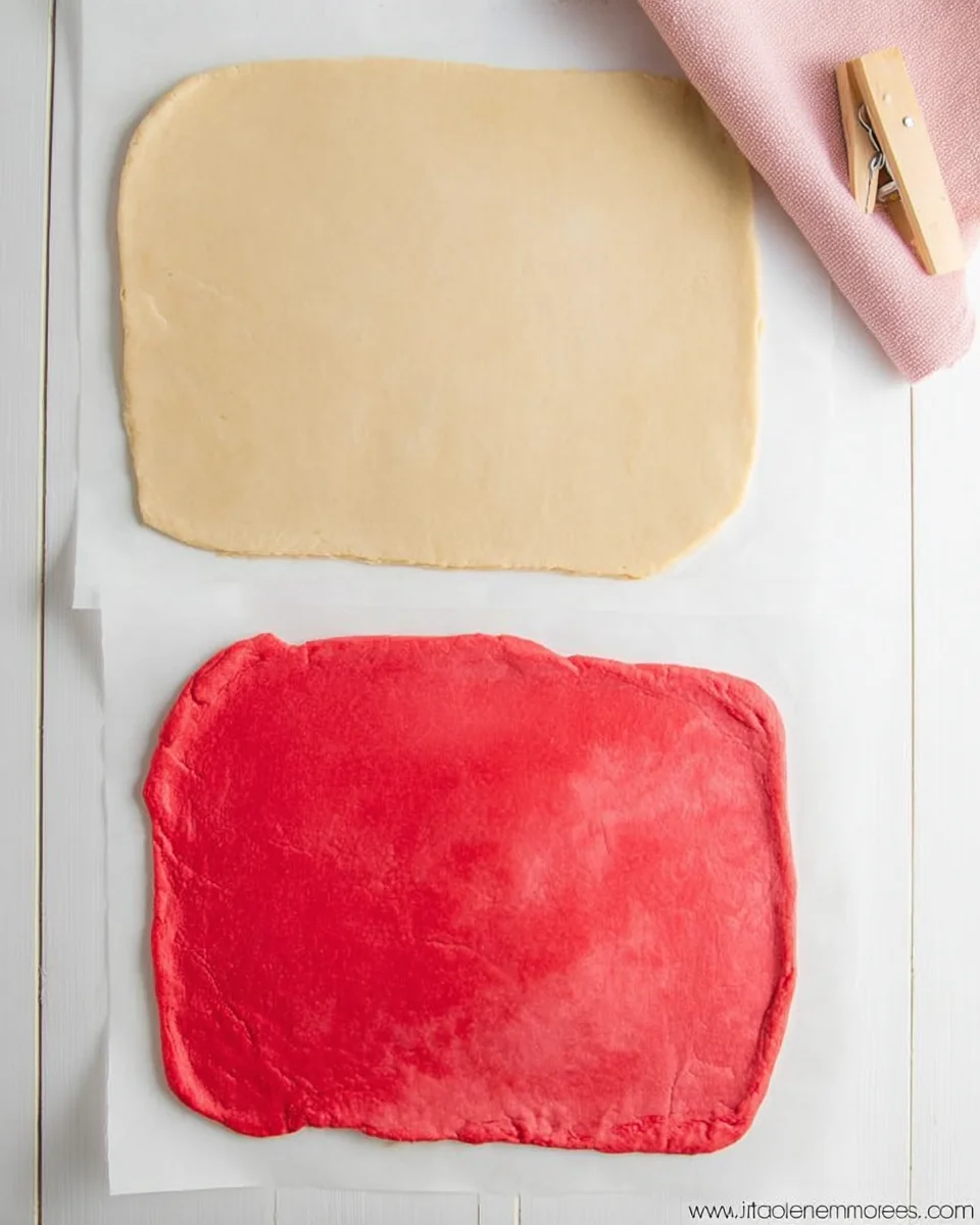 Two colors of cookie dough for Valentine Swirl Cookies