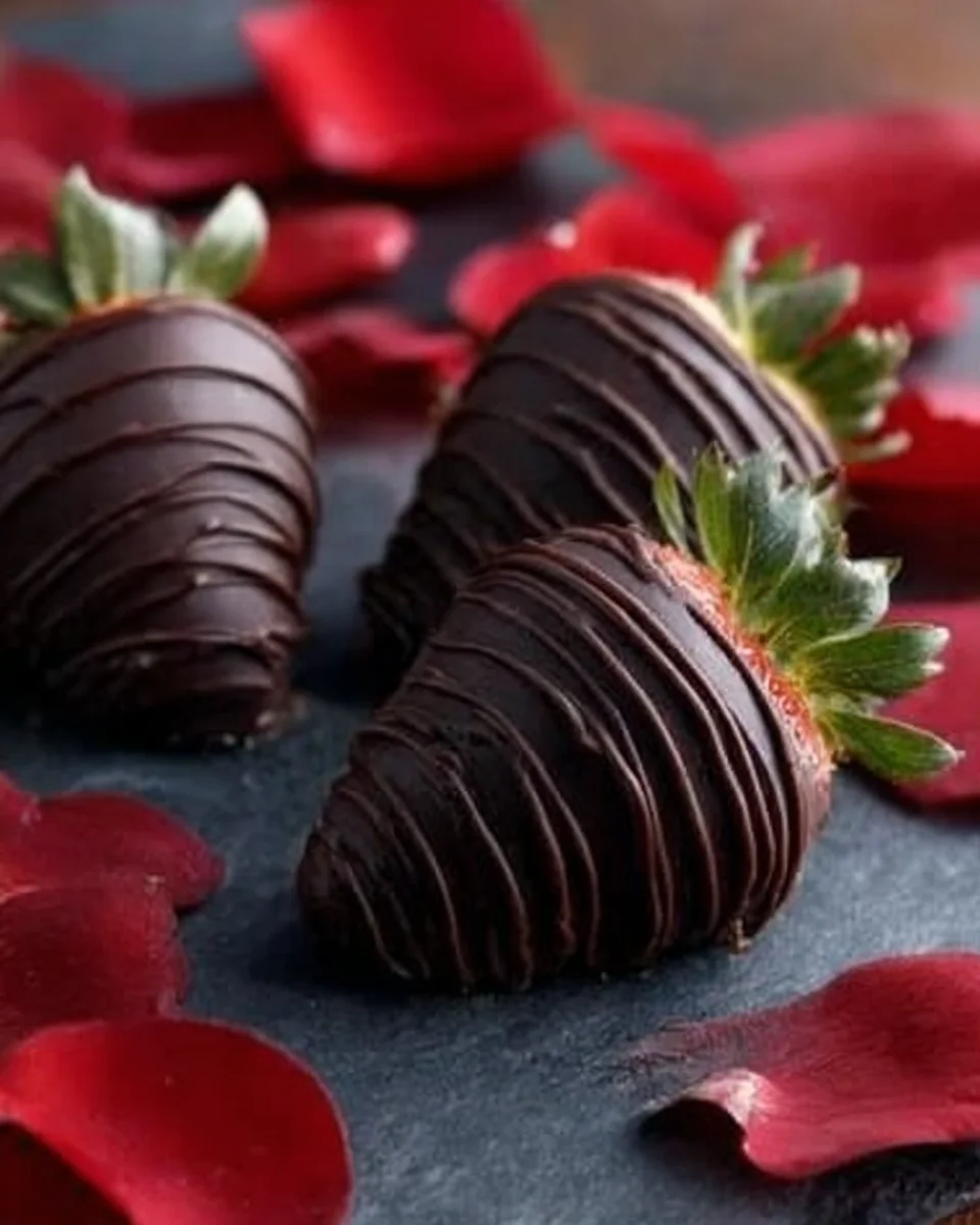 Three chocolate covered strawberries that are drizzled with milk and dark chocolate.
