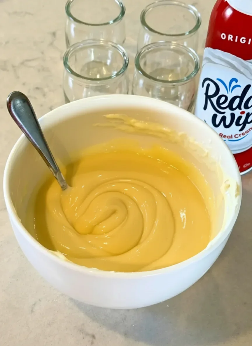Vanilla-Pudding-with-Protein-Powder-768x1024.webp Creamy yellow custard or pudding in a white bowl with a spoon, glasses, and whipped cream in the background.