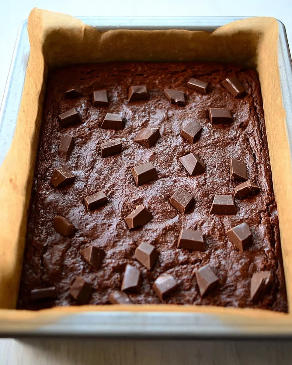 baked-brownies.jpeg Freshly baked brownies topped with chocolate chunks in a parchment paper-lined baking dish