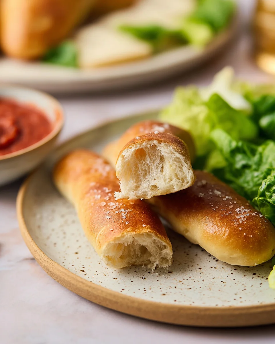 a breadstick broken in half on a small plate. 