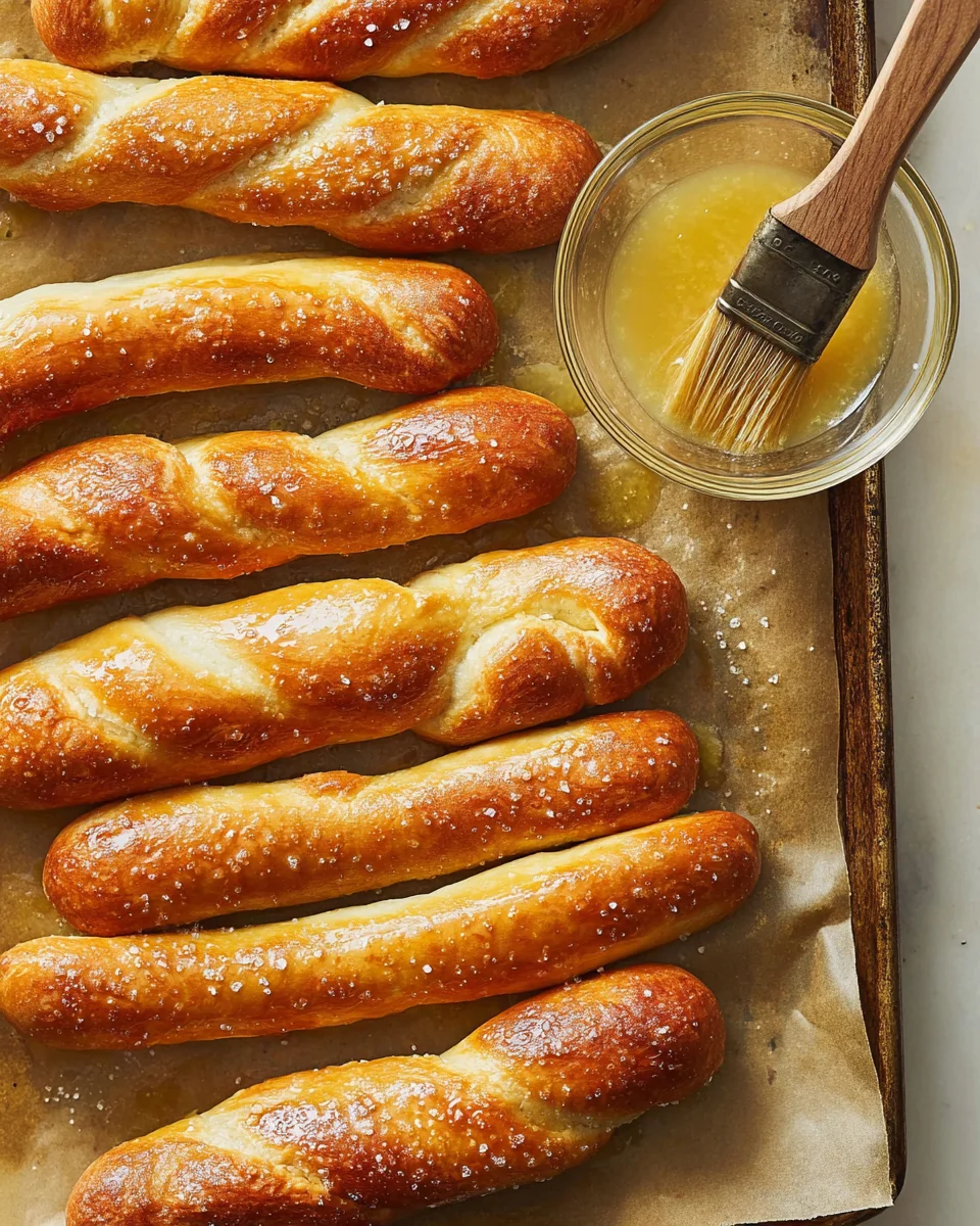 a pan of breadsticks fresh from the oven, being brushed with garlic butter. 