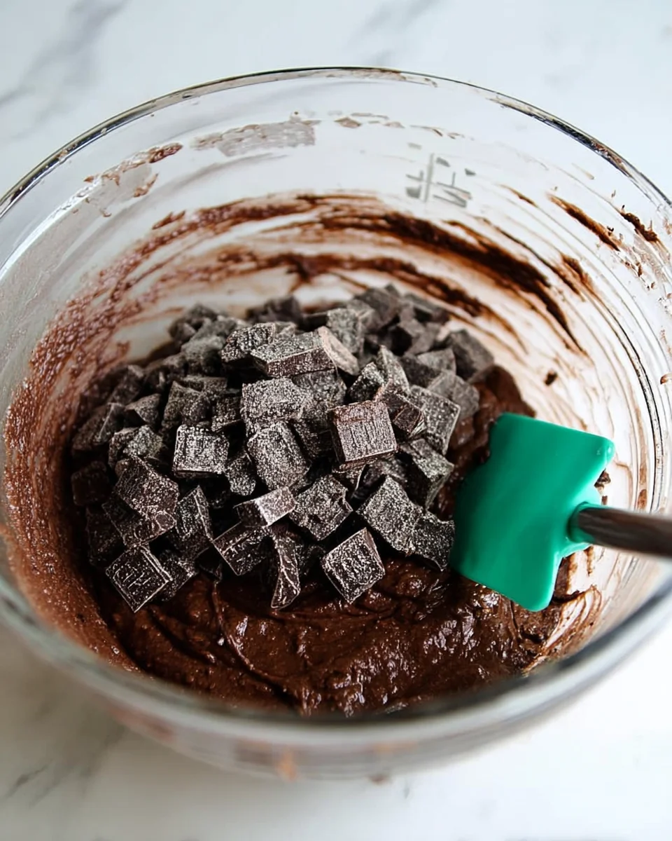 brownie-batter-chocolate-chunks.jpeg A clear bowl containing brownie batter and chocolate chunks