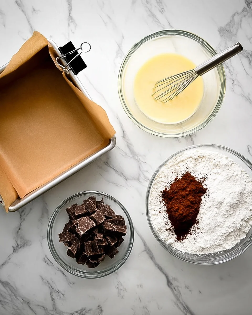 brownie-setup.jpeg A top-down view of a parchment paper-lined baking dish, a clear bowl containing whisked eggs with a whisk, a small clear bowl with chocolate chunks, and a clear bowl with flour and cocoa powder