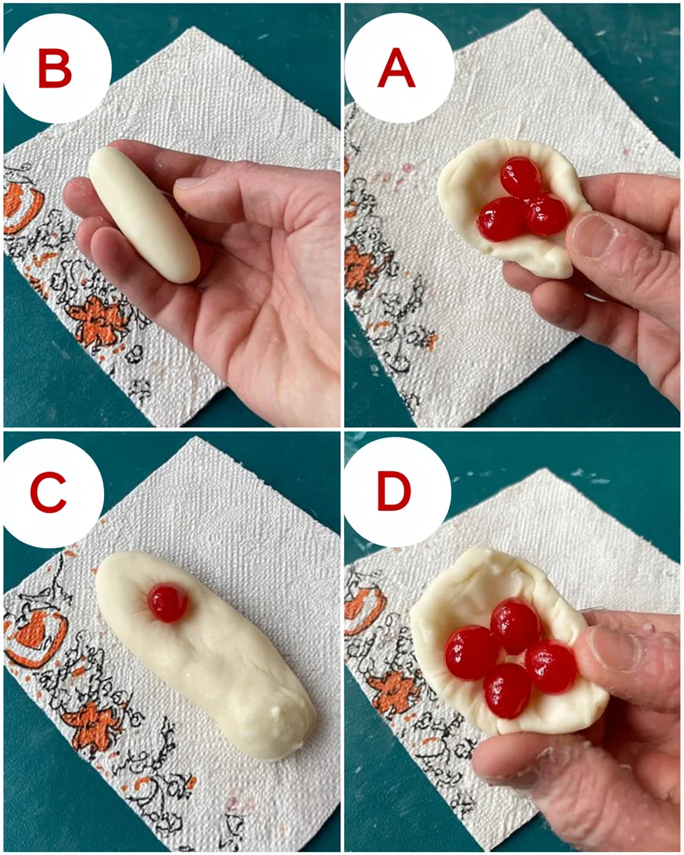 4-panel collage illustrating how to wrap fondant around a cherry.