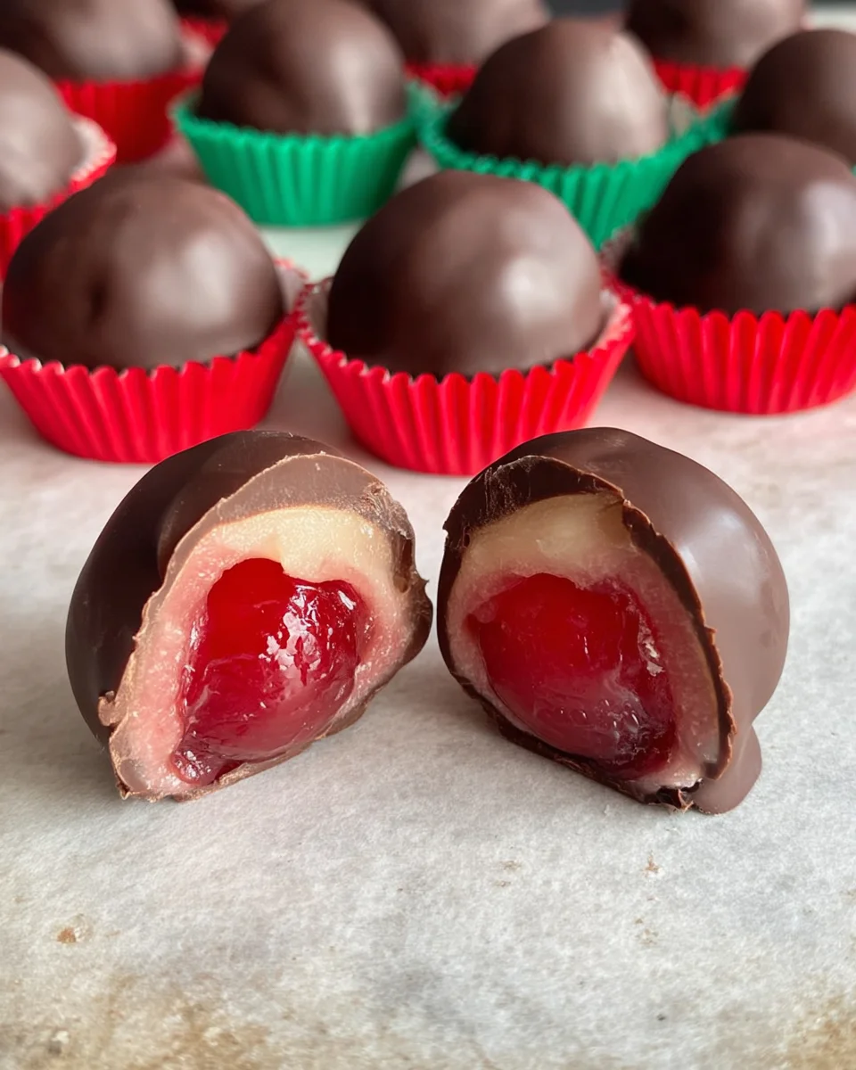 Chocolate covered cherry cut in half and opened on parchment. 