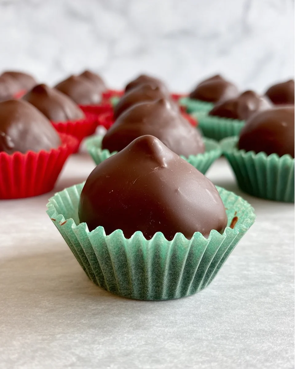 Close-up of a dipped chocolate in green fluted candy cup.