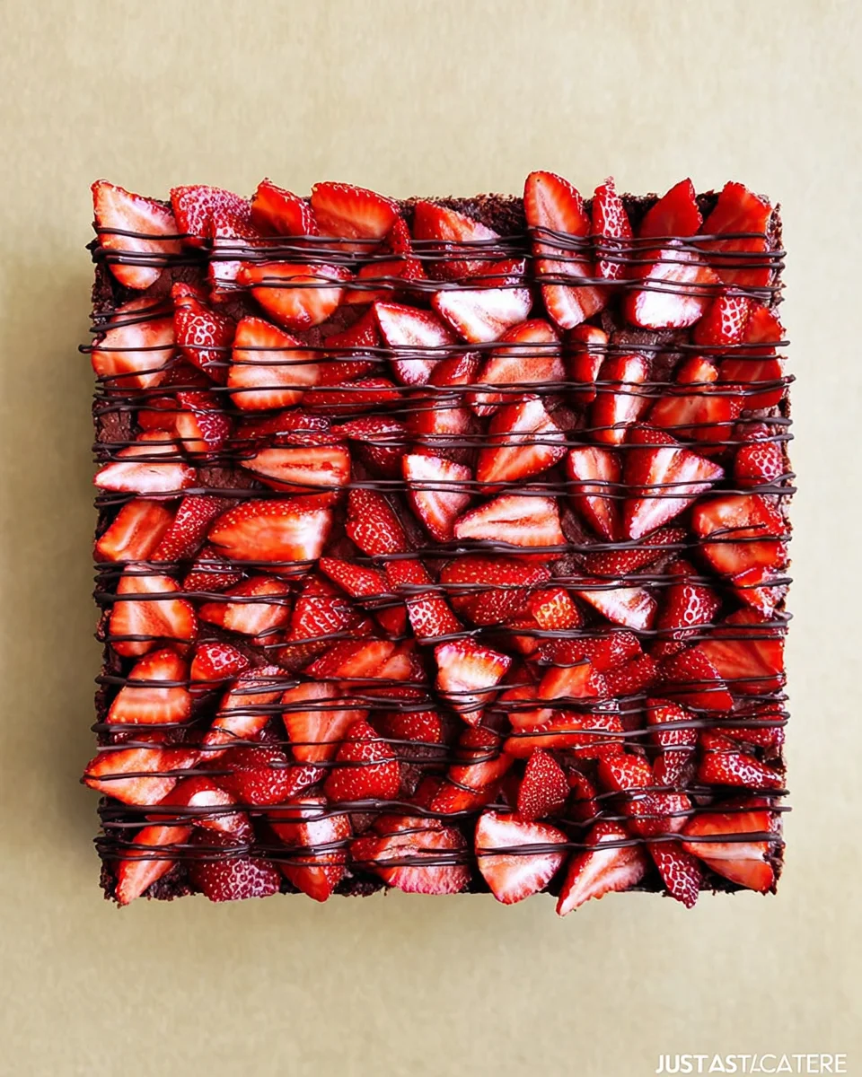 chocolate-covered-strawberry-brownies-recipe.jpg A top-down view of Chocolate-Covered Strawberry Brownies drizzled with chocolate