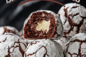 Close-up of white chocolate snowball cookies with powdered sugar coating and rich chocolate crinkle texture. One cookie is split open, revealing a creamy white chocolate center. The cookies are arranged on a black marble serving plate. Overlay text reads: “White Chocolate Snowball Cookies.”
