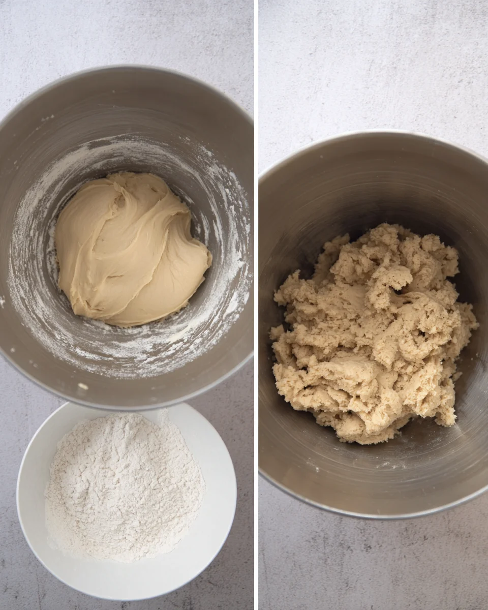 dry ingredients whisked together sugar and butter creamed and both mixed together in a mixing bowl
