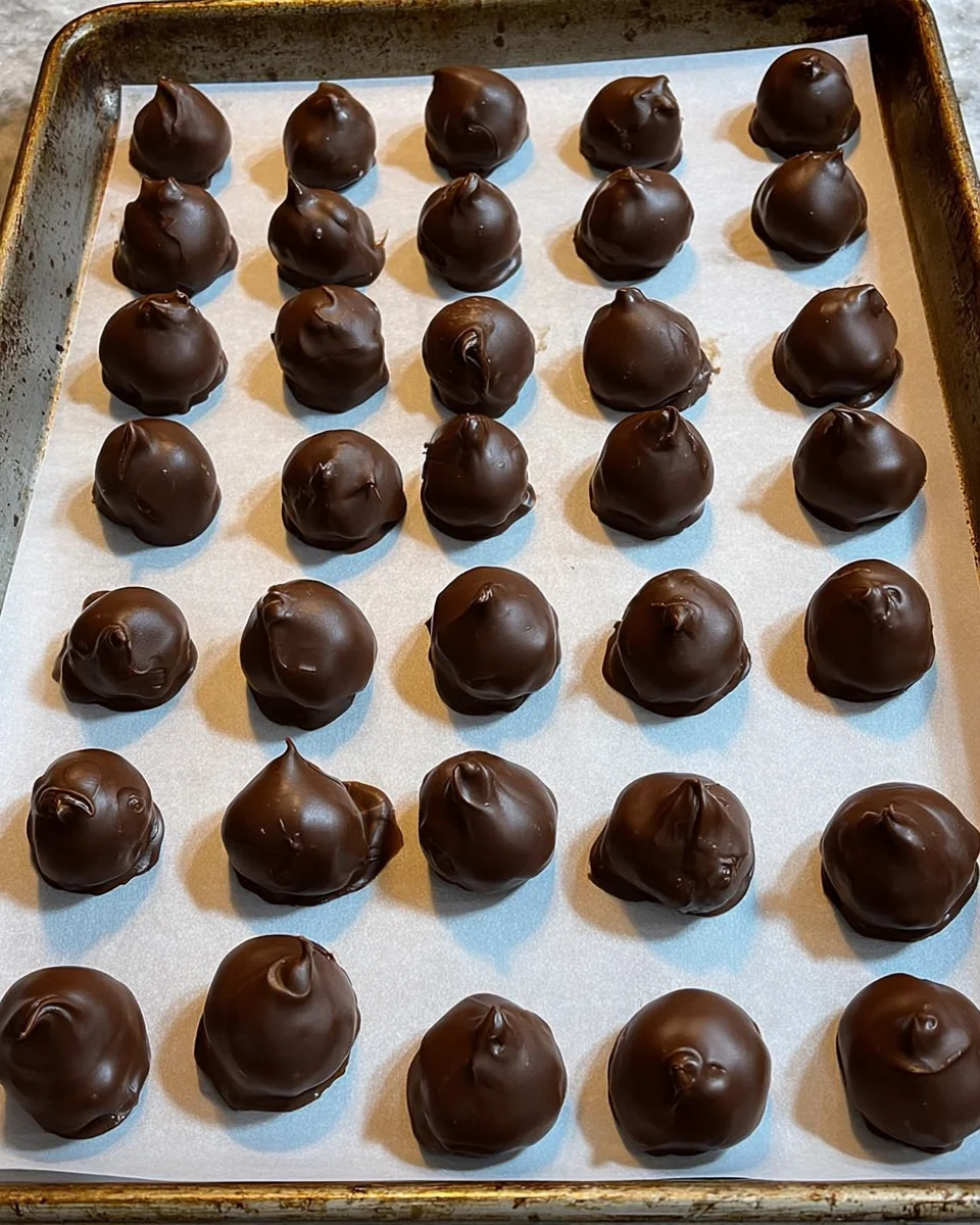 Chocolate covered cherries setting on parchment.