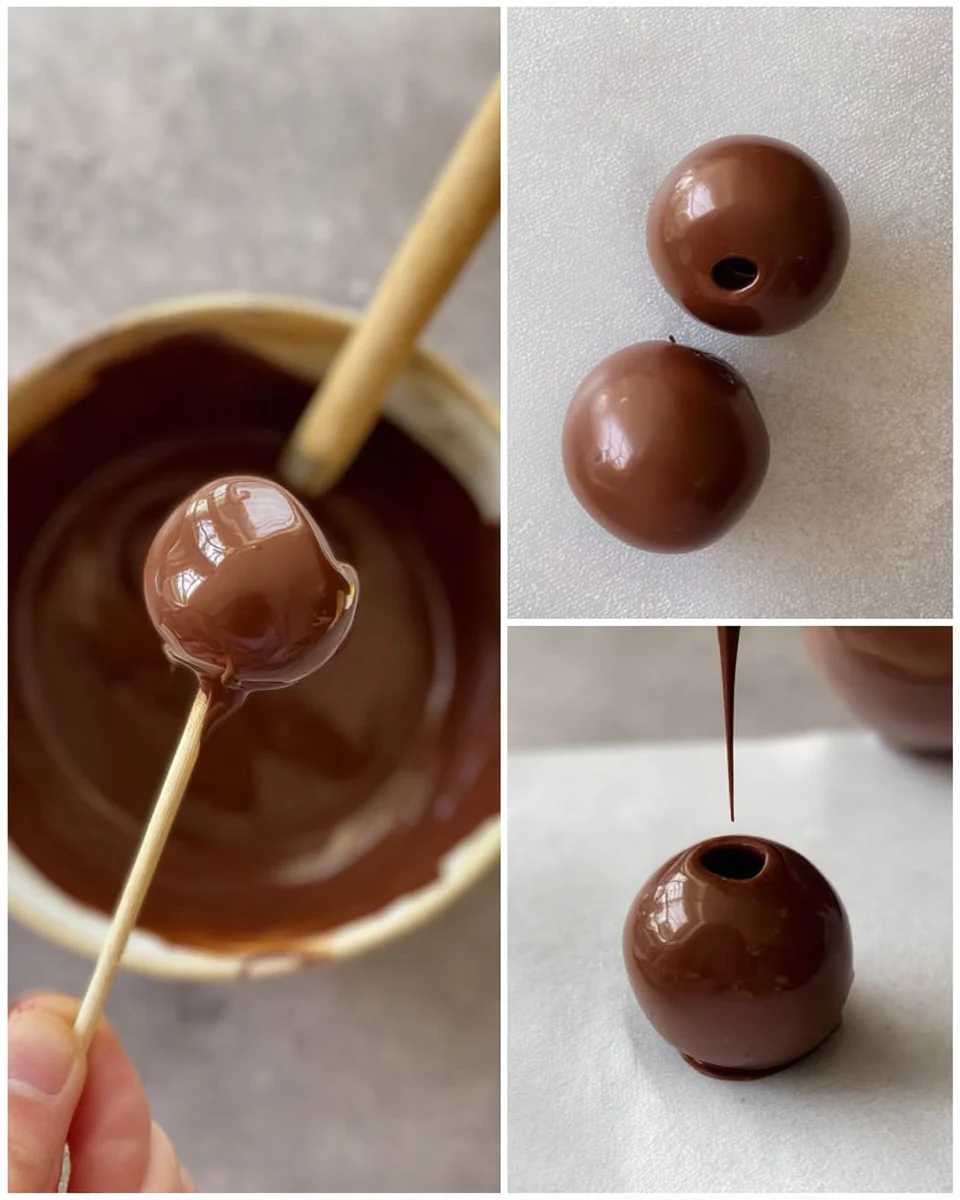 3-panel collage illustrating how to dip cherry using toothpick.