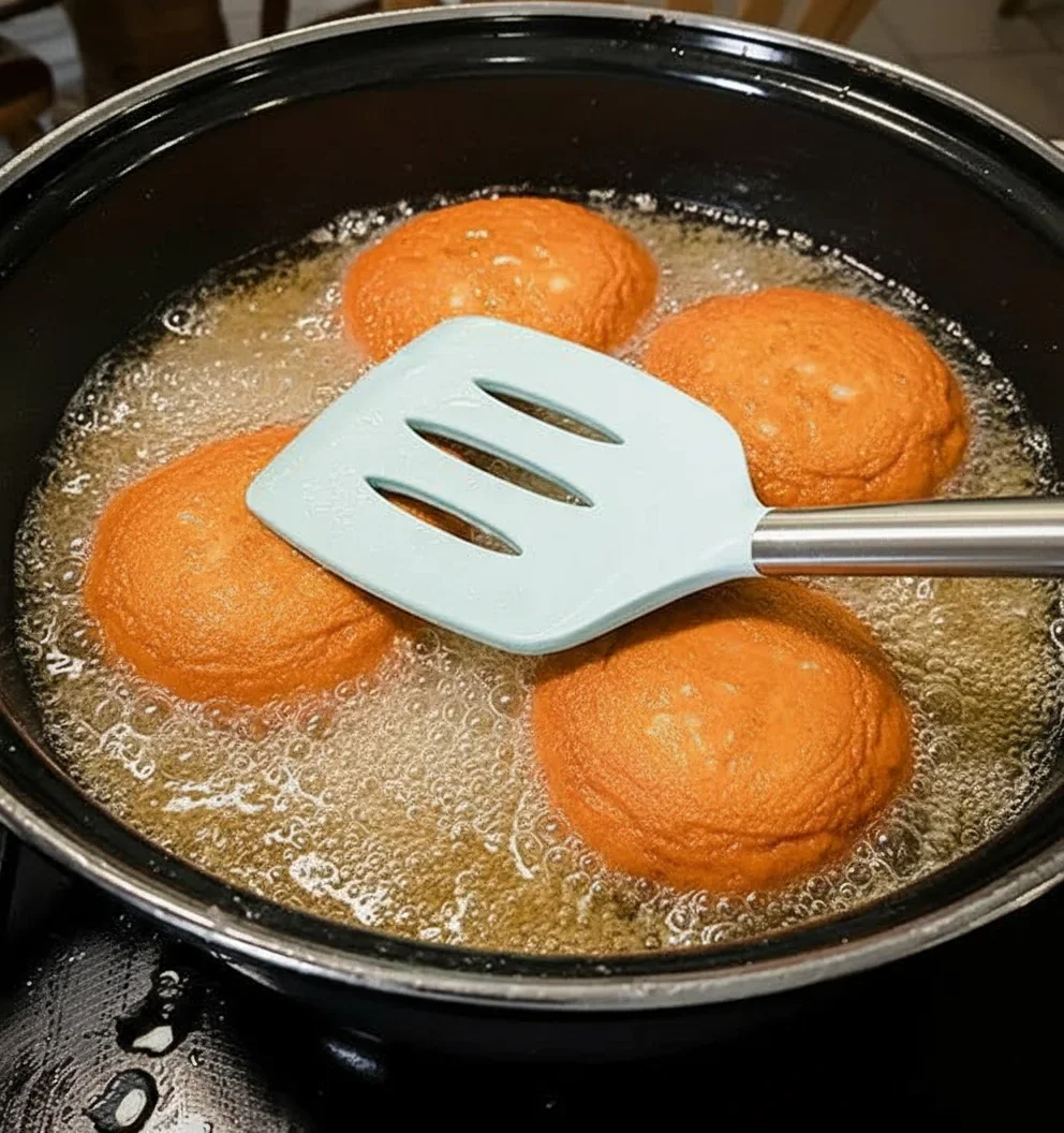 Four orange fish cakes frying in hot oil with a blue spatula resting on top.