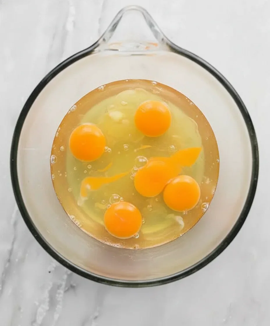 A glass bowl with five raw eggs cracked in, showing yolks and whites, on a white marble surface.