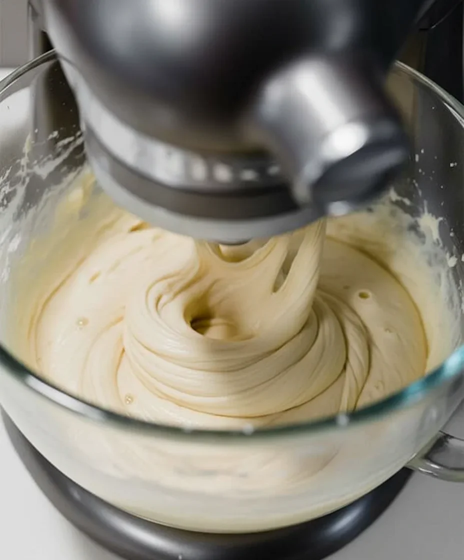 Close-up of a stand mixer blending smooth batter in a metallic bowl, with beaters spinning and batter swirling.
