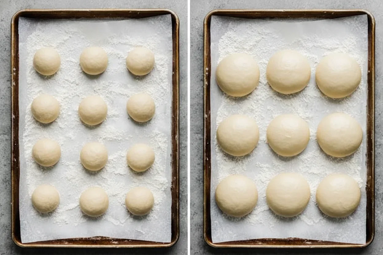 Two baking trays with small and large dough balls on parchment paper, dusted with flour, ready for baking.