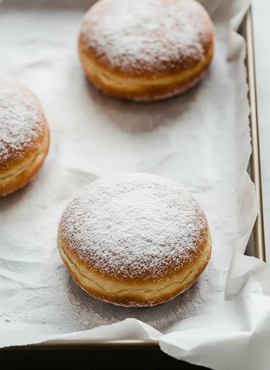 Three baked donuts coated with powdered sugar on a parchment-lined baking sheet.