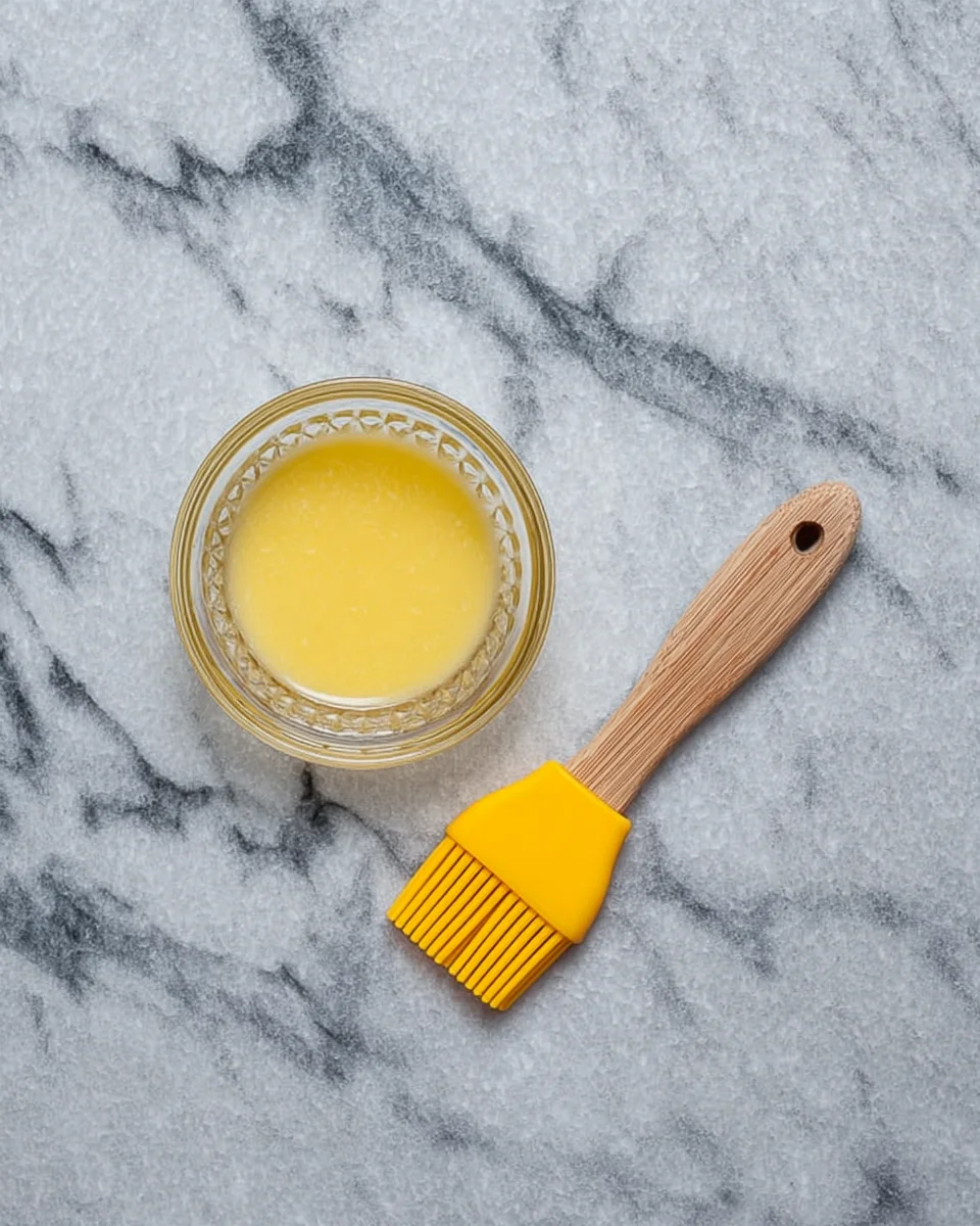 small bowl with egg wash next to pastry brush