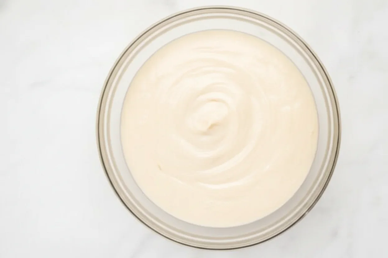 A glass bowl filled with smooth, white batter or sauce on a white surface.