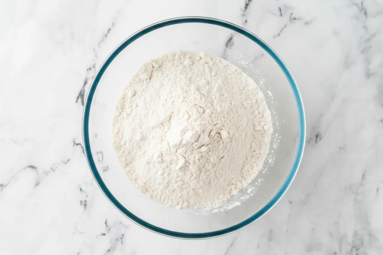 Clear glass bowl filled with white flour on a white marble surface, bright and minimalistic setting.